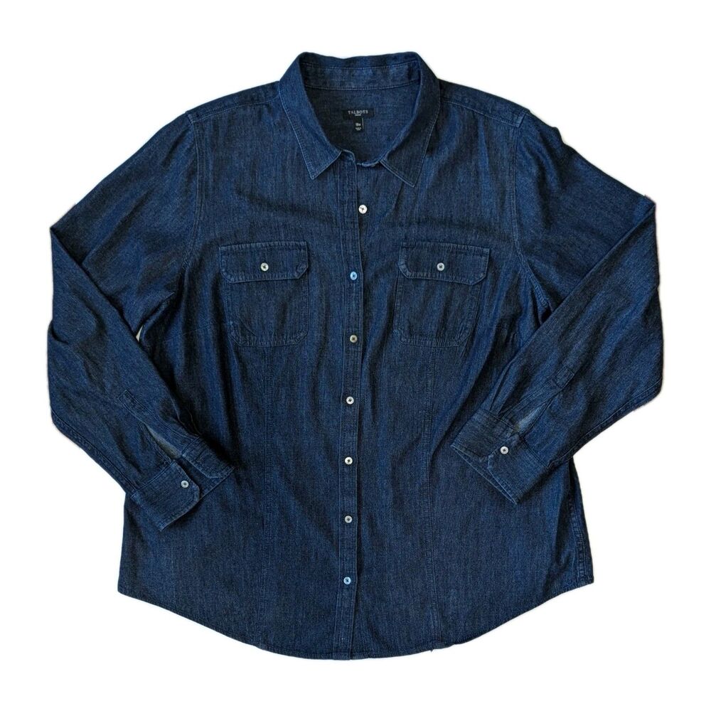 Talbots 18W Women's Dark Wash Denim Long Sleeve Top Button Down